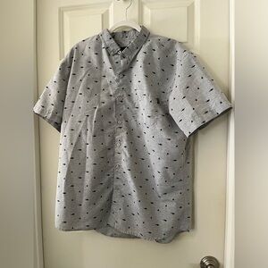 Men’s Molokai Surf Shop Short Sleeve Button-Up with Shark Print on Heather Gray